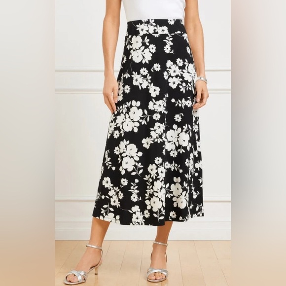Talbots JERSEY MIDI SKIRT - SHADOW PETALS Floral Black and White Women's Skirt - Picture 2 of 6